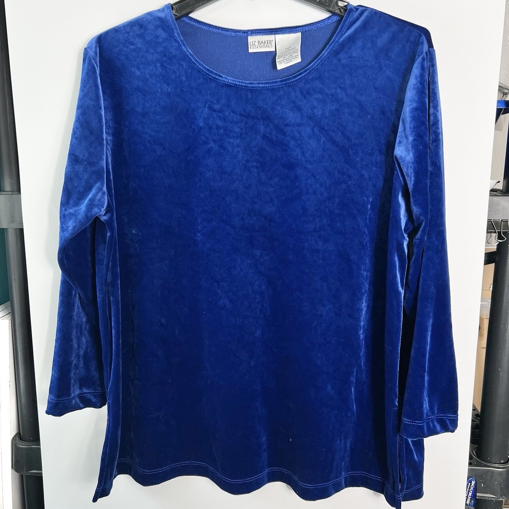 Vtg Liz Baker Essentials Womens Petite 1X Blue Velvet Long‎ Sleeve Top Y2K VGC